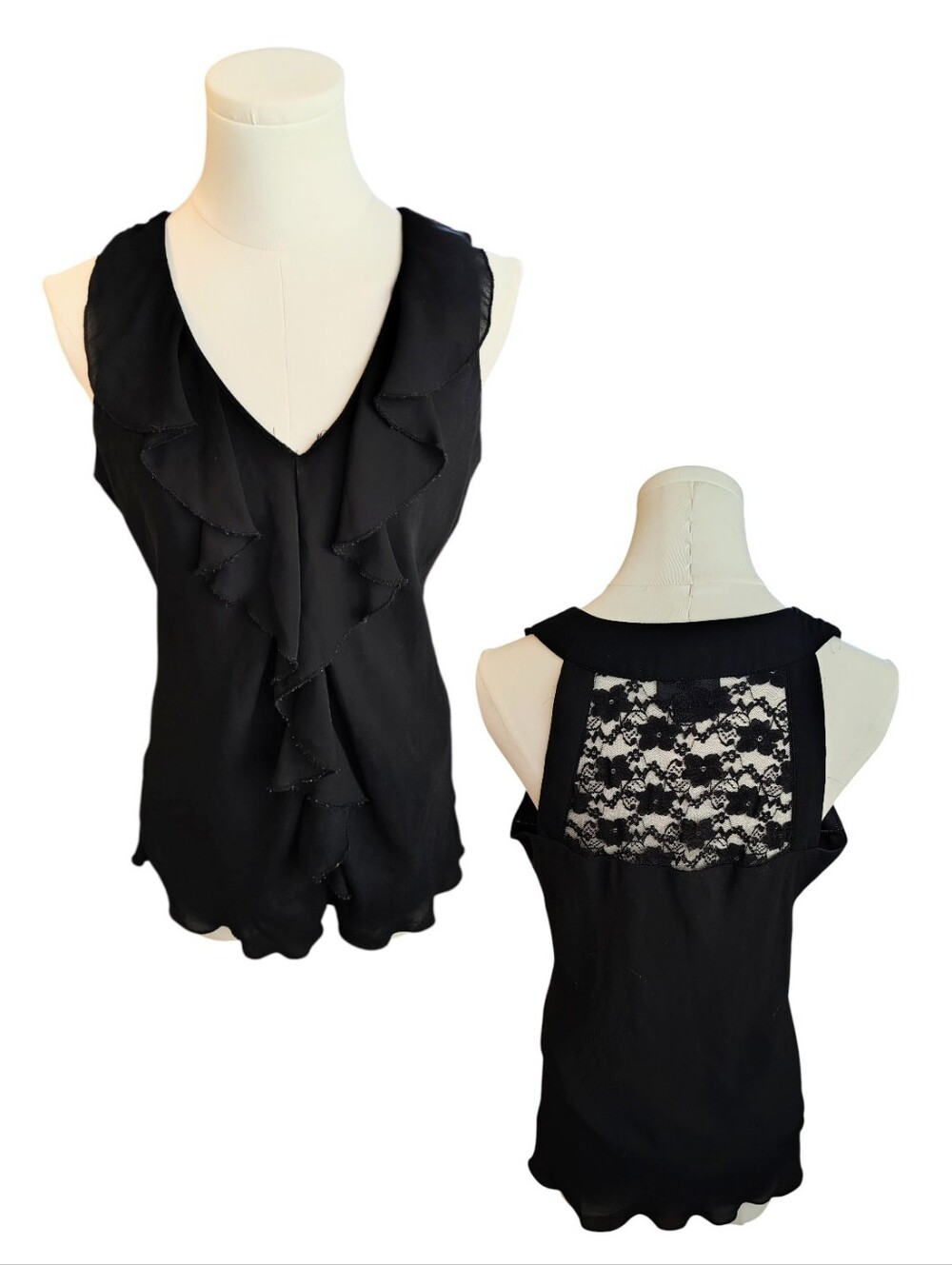Vintage Metaphor Black Ruffle Bodice Slim Silhouette Lace Back Top Size Medium